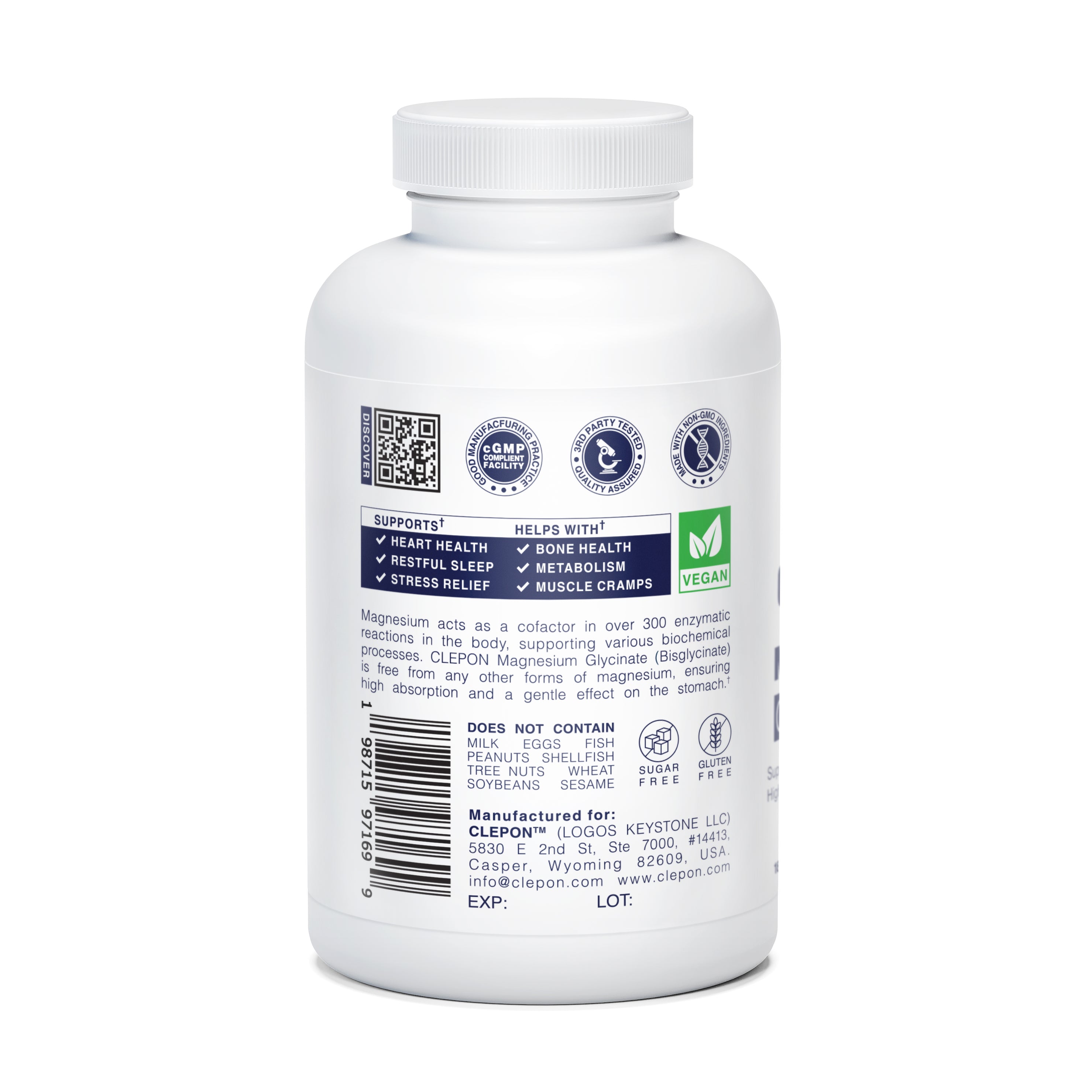 CLEPON Magnesium Glycinate 180 Capsules Bottle Left