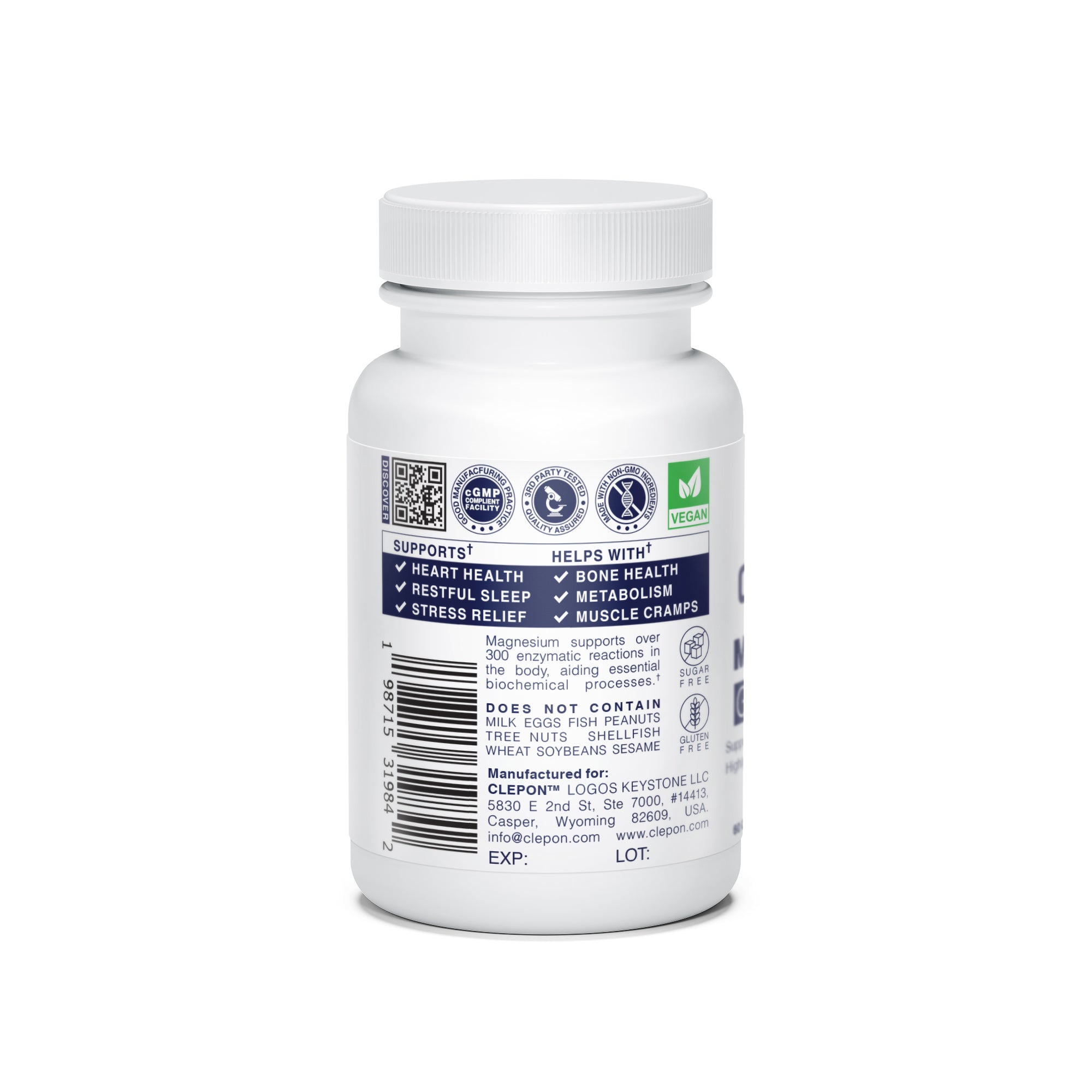 CLEPON Magnesium Glycinate 60 Capsules Bottle Left