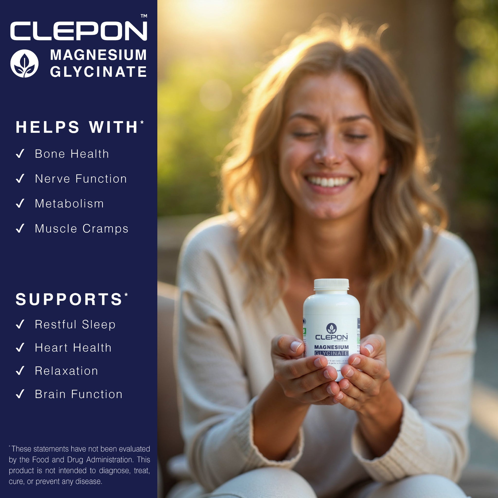 CLEPON Magnesium Glycinate supplement supporting bone health, nerve function, sleep, and relaxation