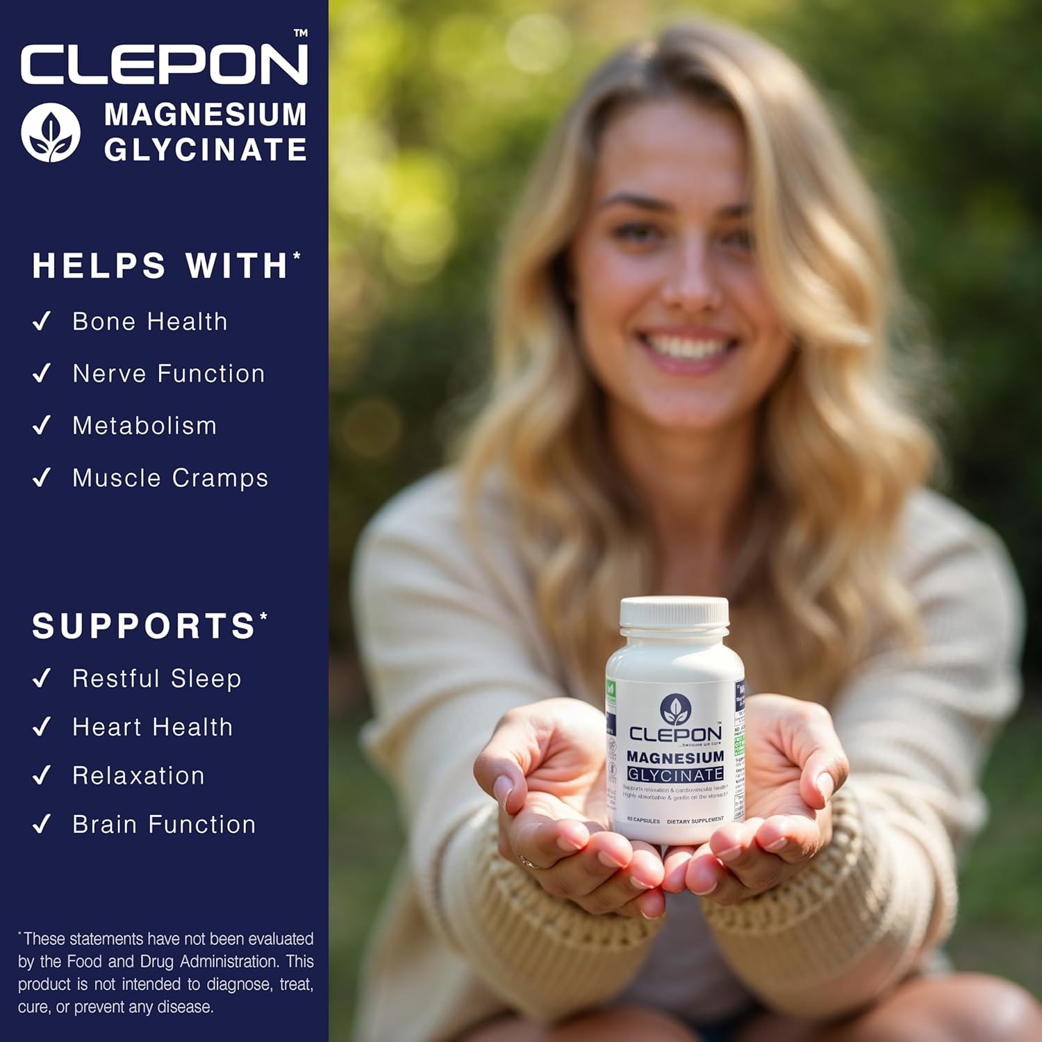 CLEPON Magnesium Glycinate supplement supporting bone health, nerve function, sleep, and relaxation