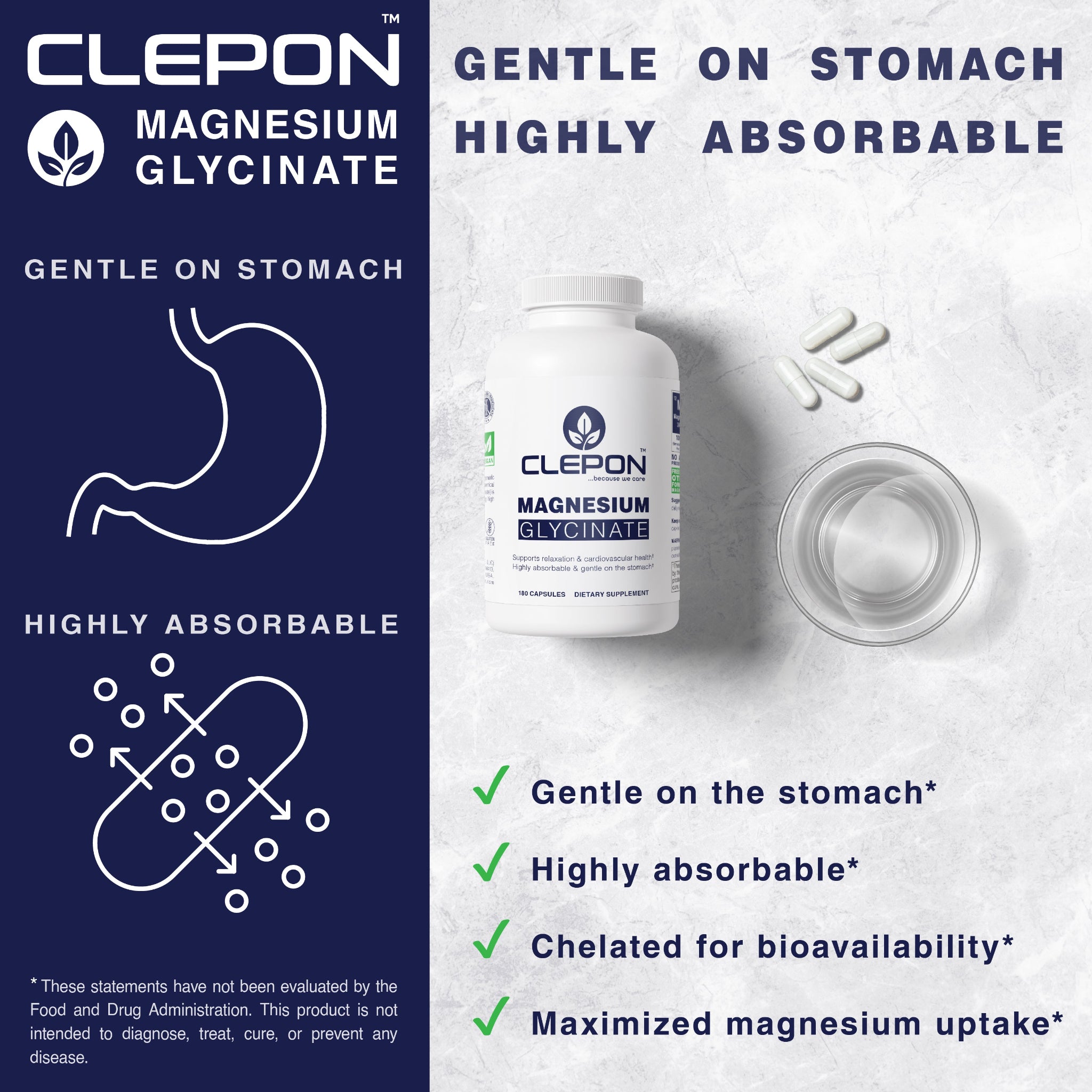 CLEPON Magnesium Glycinate gentle formula highly absorbable supplement