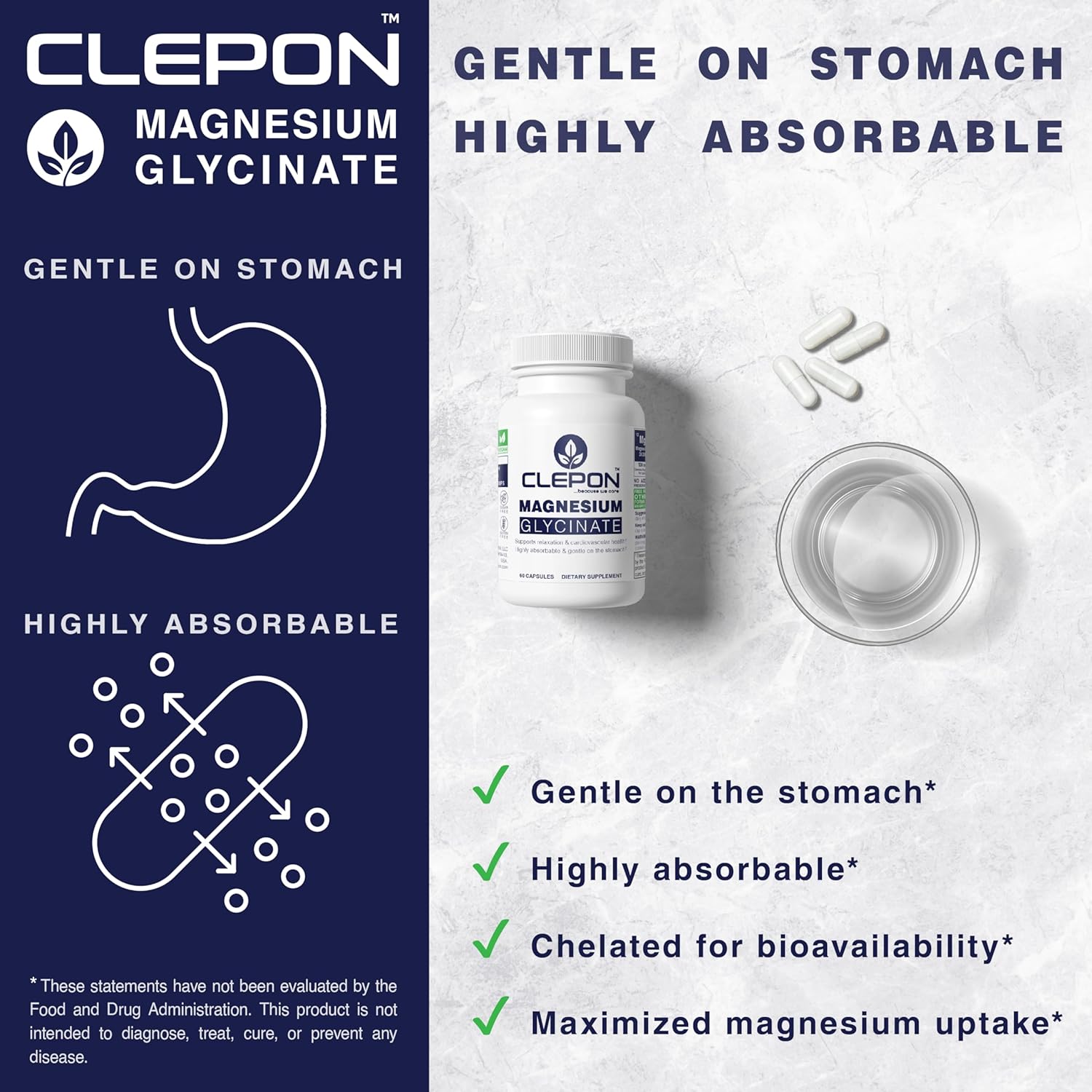CLEPON Magnesium Glycinate gentle formula highly absorbable supplement