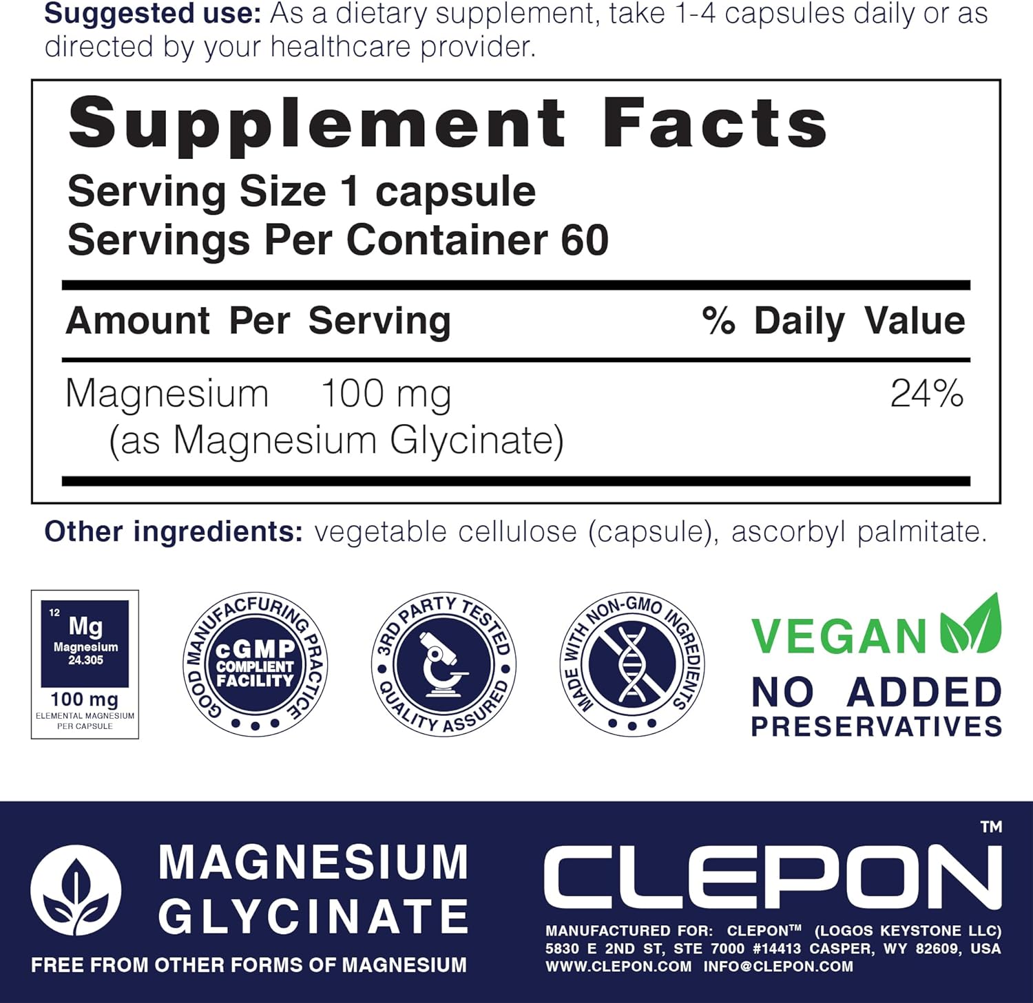 Clepon Magnesium Glycinate 60 capsule Supplement Factes