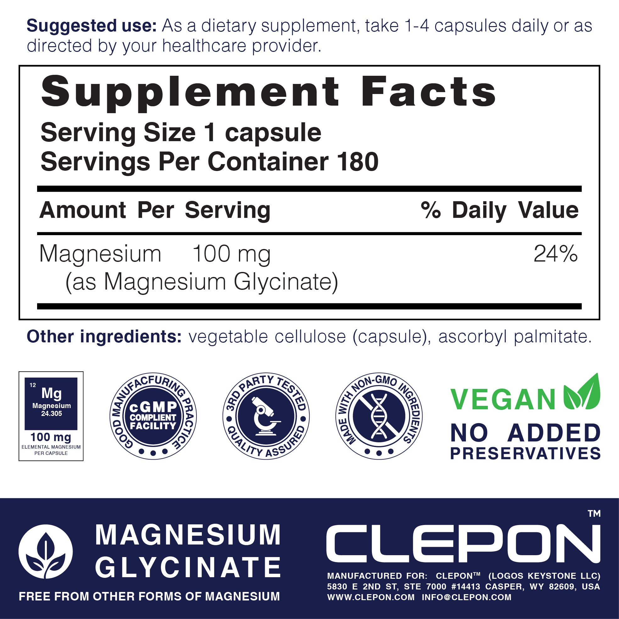 Clepon Magnesium Glycinate 180 capsule Supplement Factes