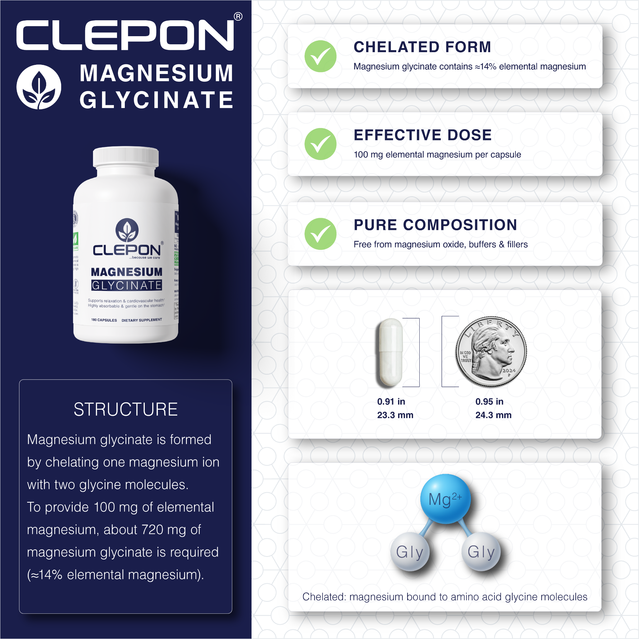 Clepon Magnesium Glycinate 100mg Elemental Magnesium per capsule
