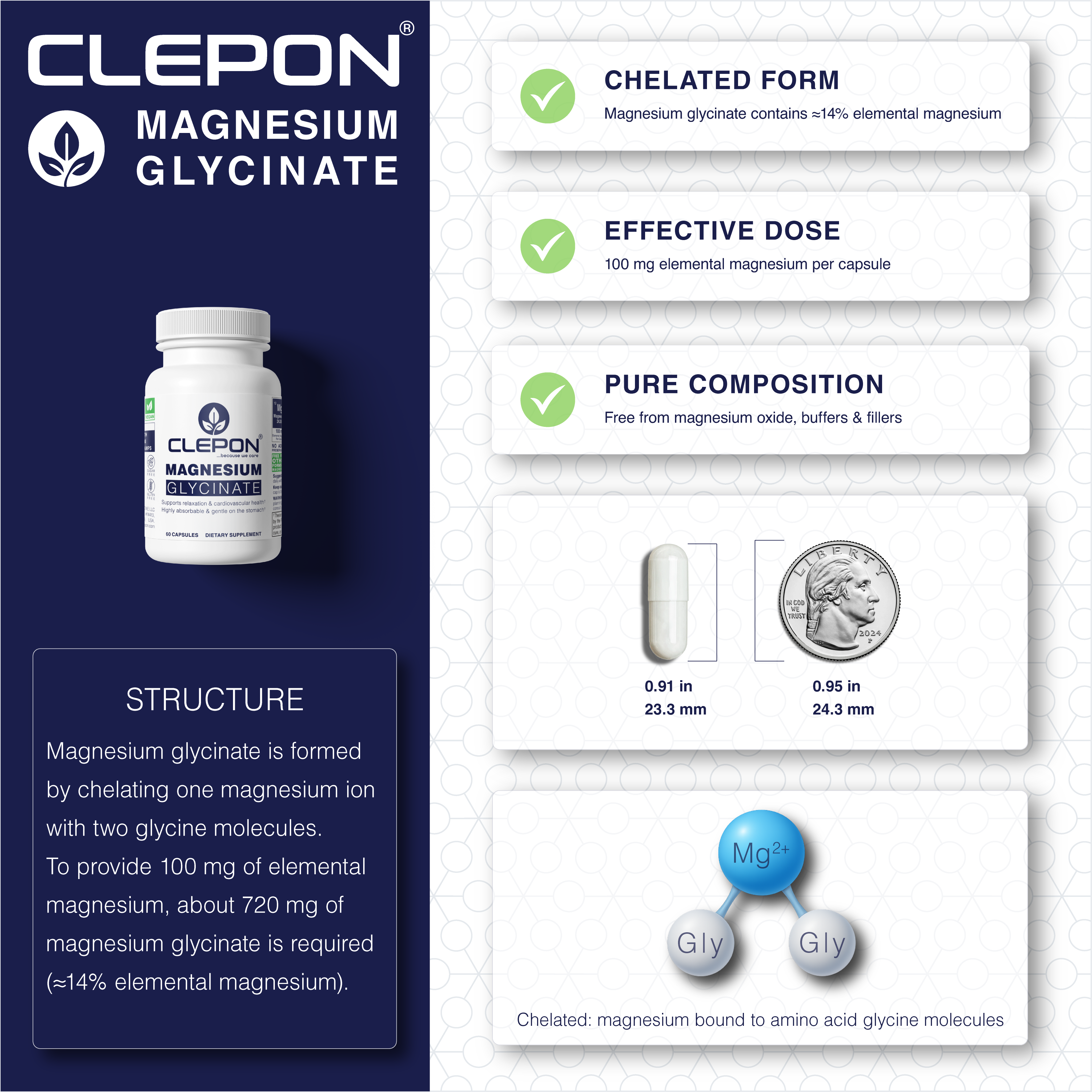 Clepon Magnesium Glycinate 100mg Elemental Magnesium per capsule