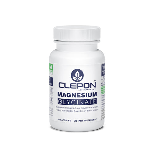 Supplement bottle labeled 'Clepon Magnesium Glycinate' on a white background