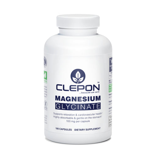 Supplement bottle labeled 'Clepon Magnesium Glycinate' on a white background