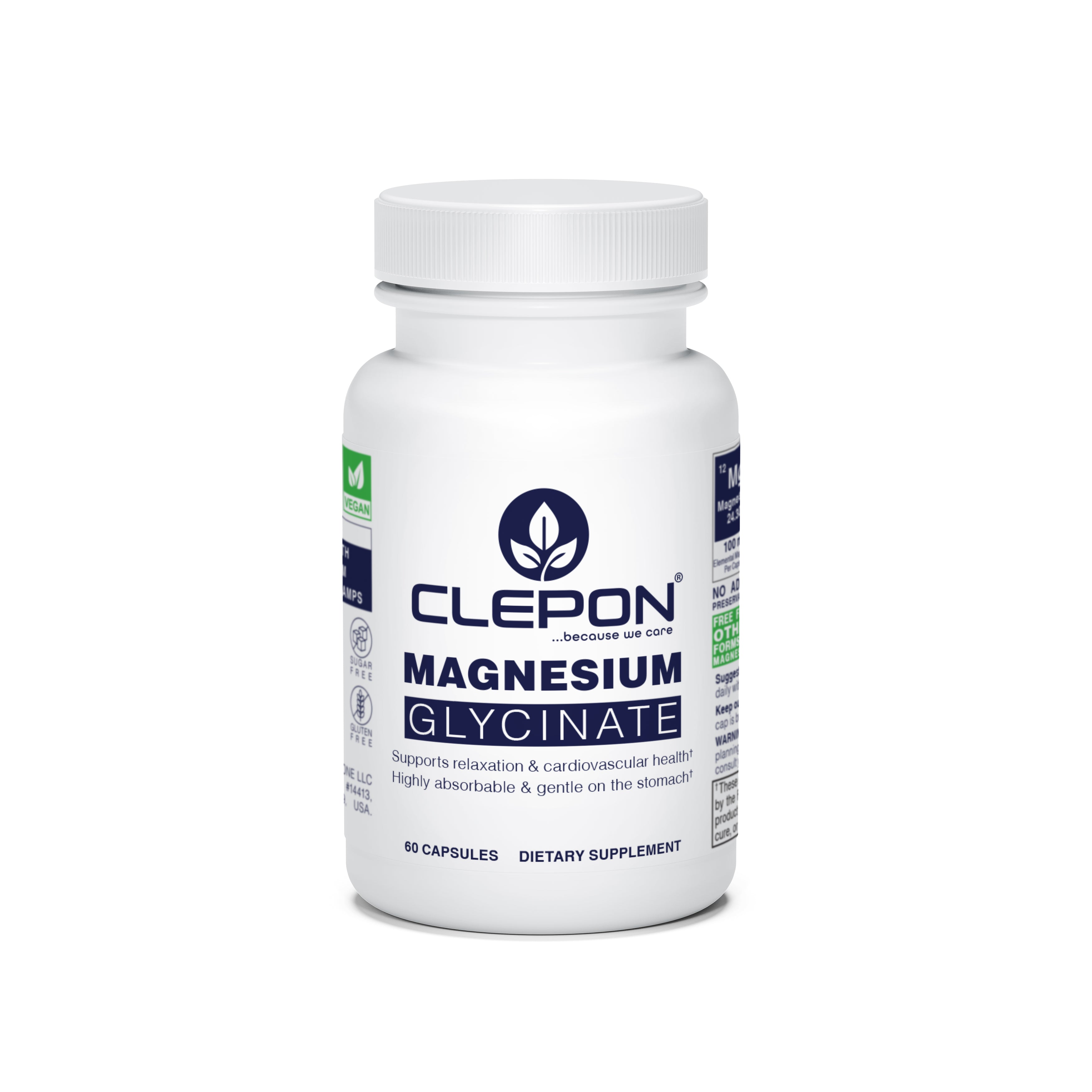 CLEPON Magnesium Glycinate 60 Capsules bottle, highly absorbable dietary supplement for relaxation.