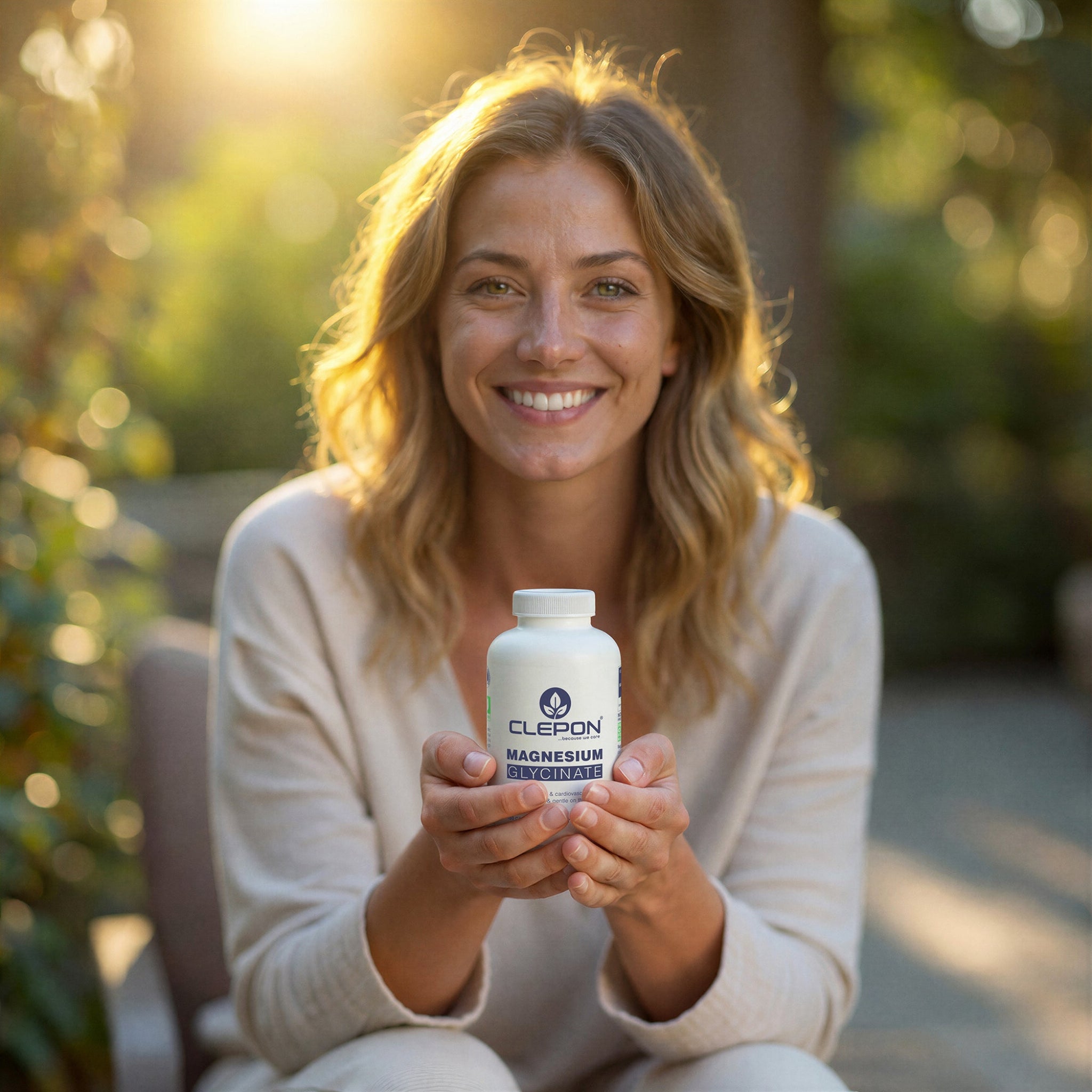 Smiling woman holding CLEPON Magnesium Glycinate 180 Capsules for daily wellness and stress support.