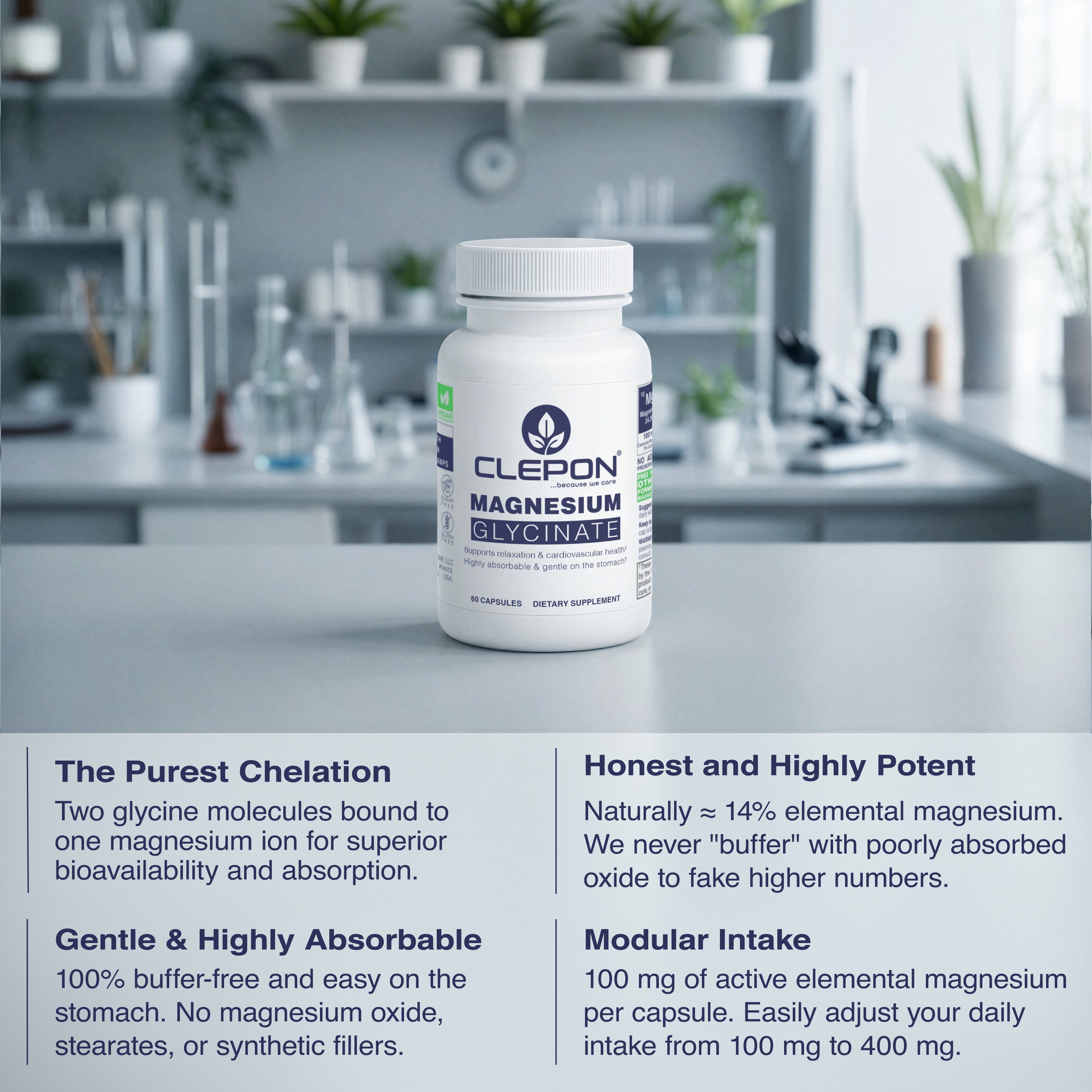Chelated formula details for CLEPON Magnesium Glycinate 180 Capsules highlighting high absorption.