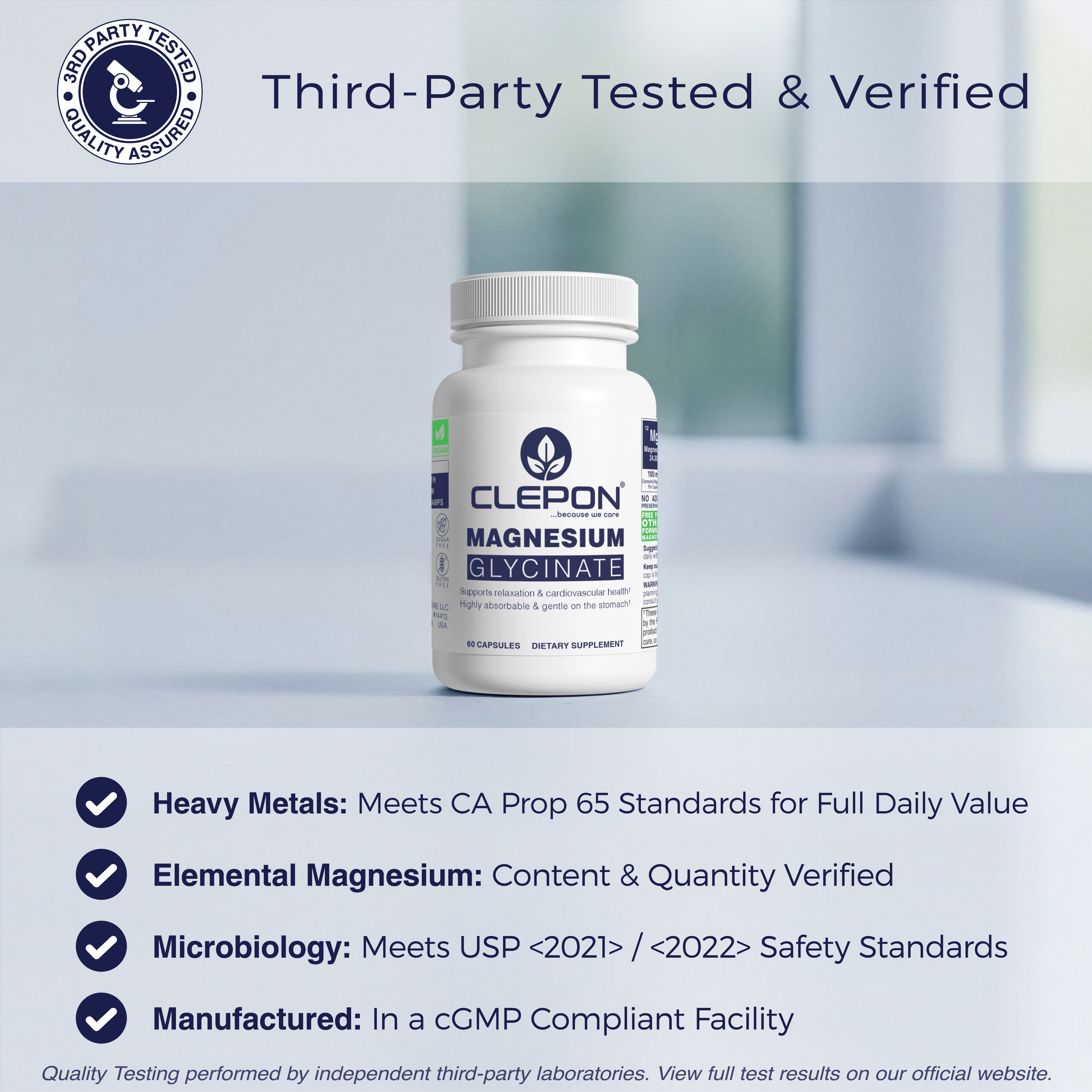 CLEPON Magnesium Glycinate 180 Capsules third-party lab tested for purity and cGMP facility verified.