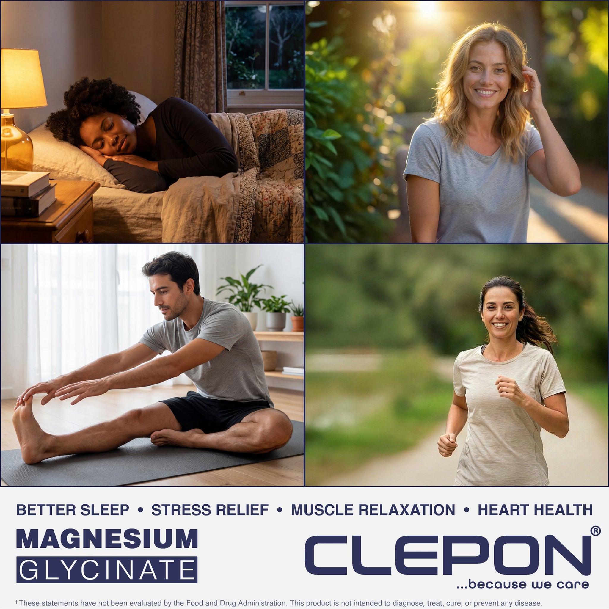 Lifestyle collage for CLEPON Magnesium Glycinate 180 Capsules supporting sleep and muscle health.