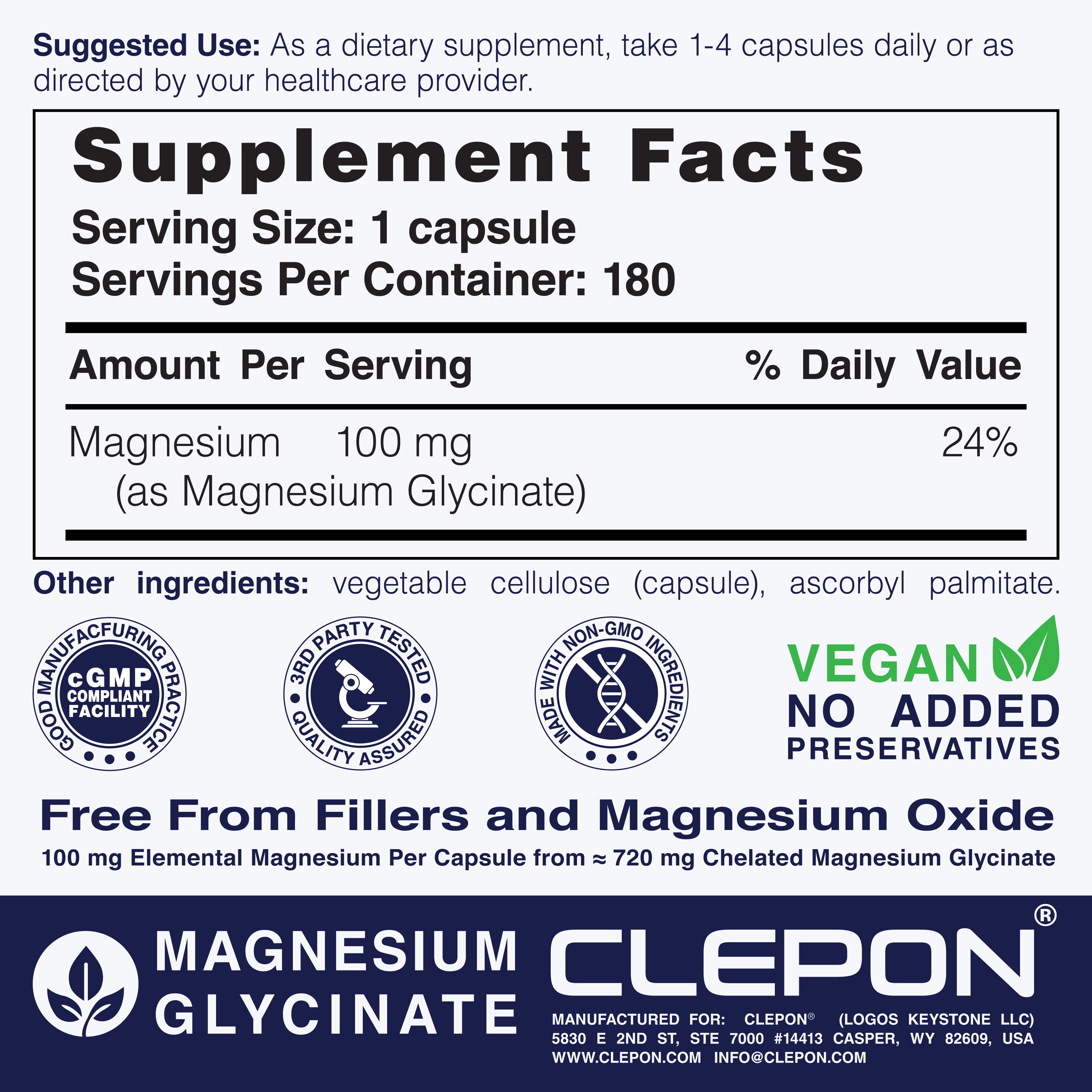 Supplement facts label for CLEPON Magnesium Glycinate 180 Capsules showing 100mg elemental magnesium.