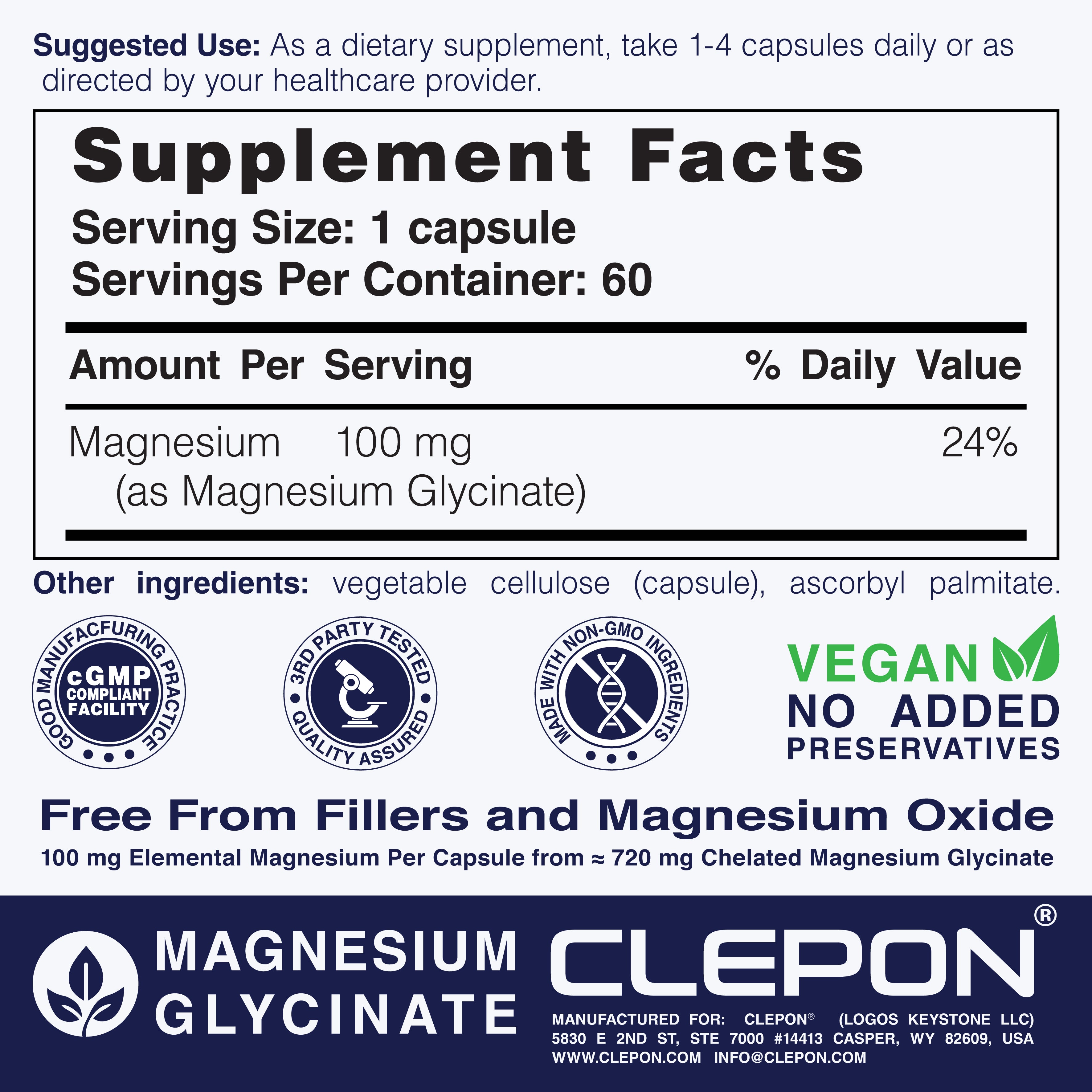 Supplement facts label for CLEPON Magnesium Glycinate 180 Capsules showing 100mg elemental magnesium.
